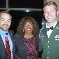 Among the military veterans at the VIP reception (l to r): Medal of Honor recipient and keynote speaker SSG Clint Romesha; Fredia Johnson, RMHS veteran employment program manager; and SPC Justin Cooper