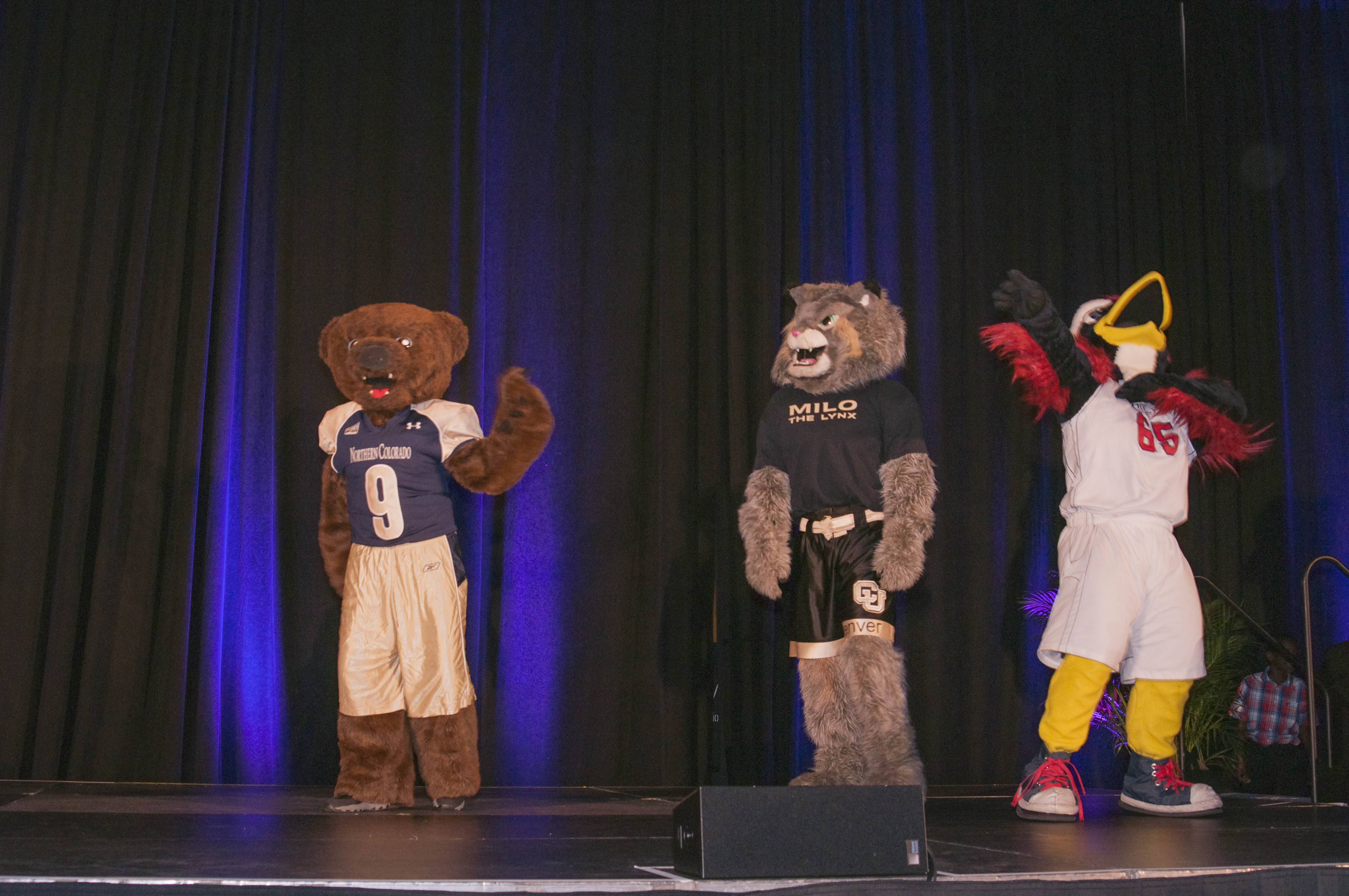 College & university mascots entertained guests on stage